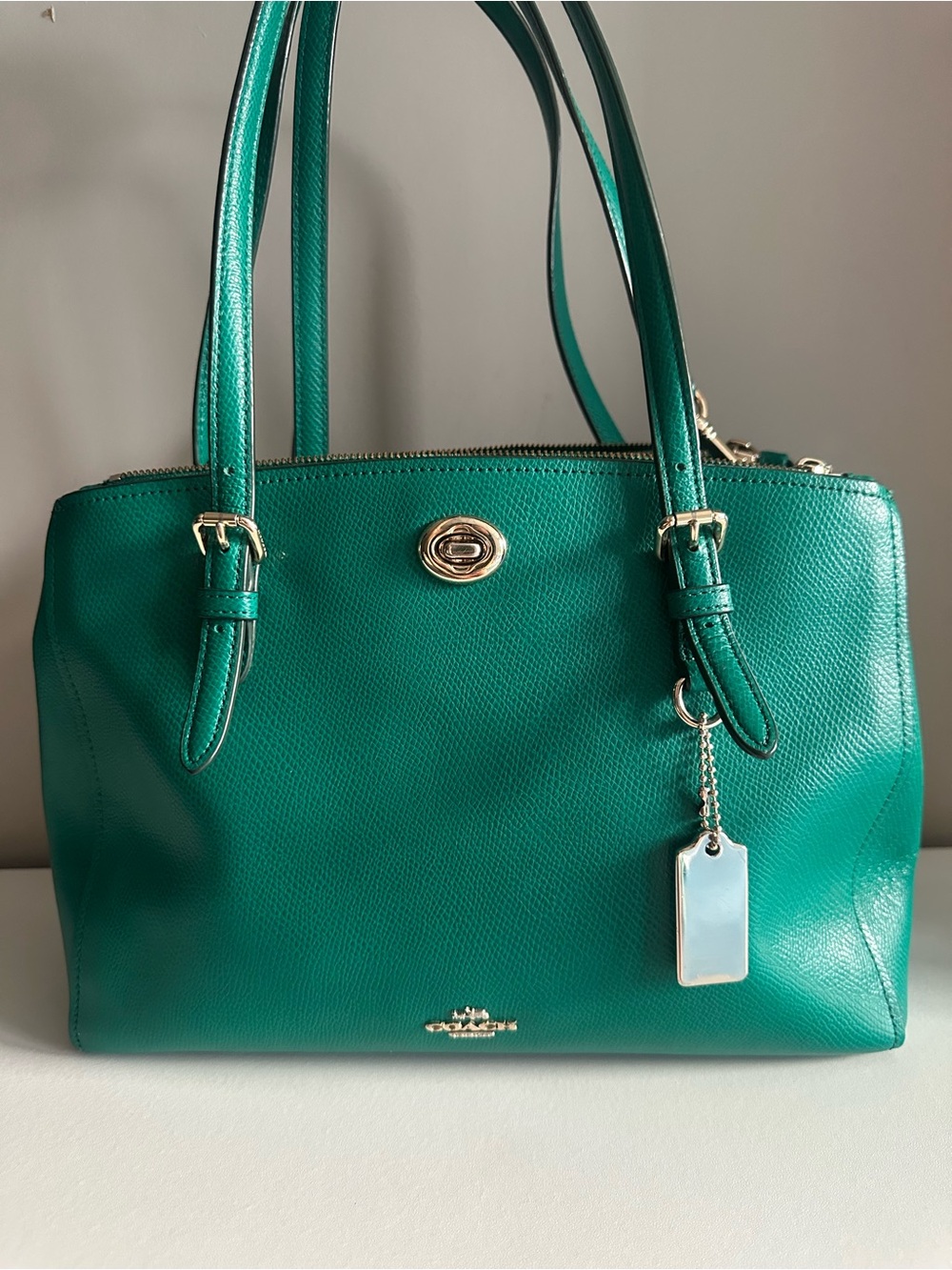 Coach Emerald Green Leather Shoulder Tote with Gold-Tone Hardware